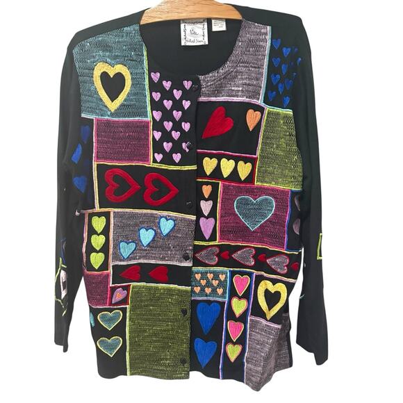 Michael Simon Heart Cardigan Black Colorful Rainbow Art to Wear Valentine- Large - Picture 1 of 10